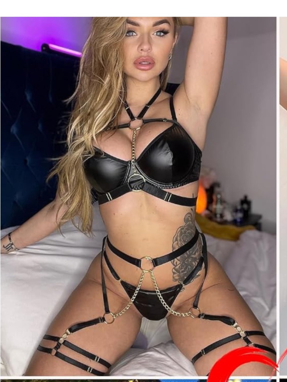 Avid Love Faux Leather Bra Garter Panty Chain Lingerie Set L
